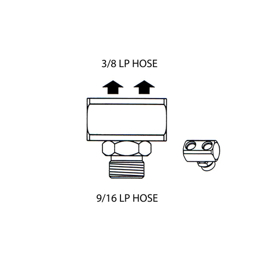 "T" adapter LP 9/16 Male to 2 x LP 3/8 Female